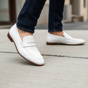 model-walking-street - Men's White Leather Moccasin Loafers