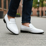 Men's White Leather Moccasins for Parties - model-walking-street