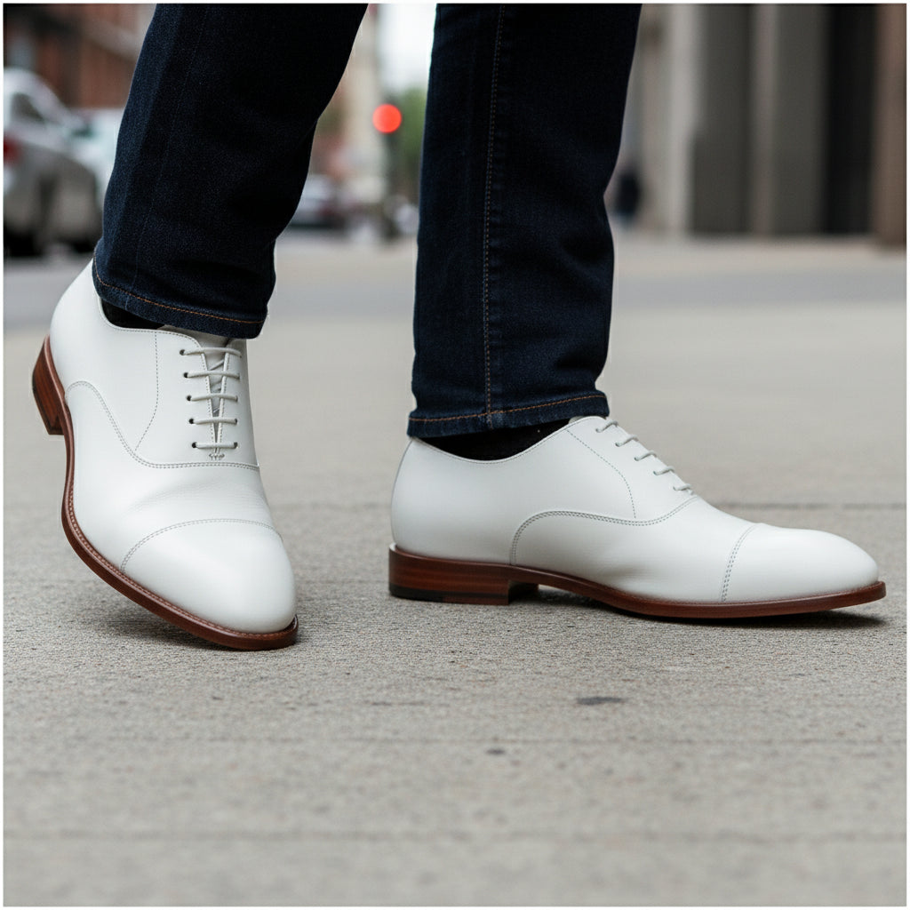 model-walking-street - Men's White Leather Oxford Dress Shoes