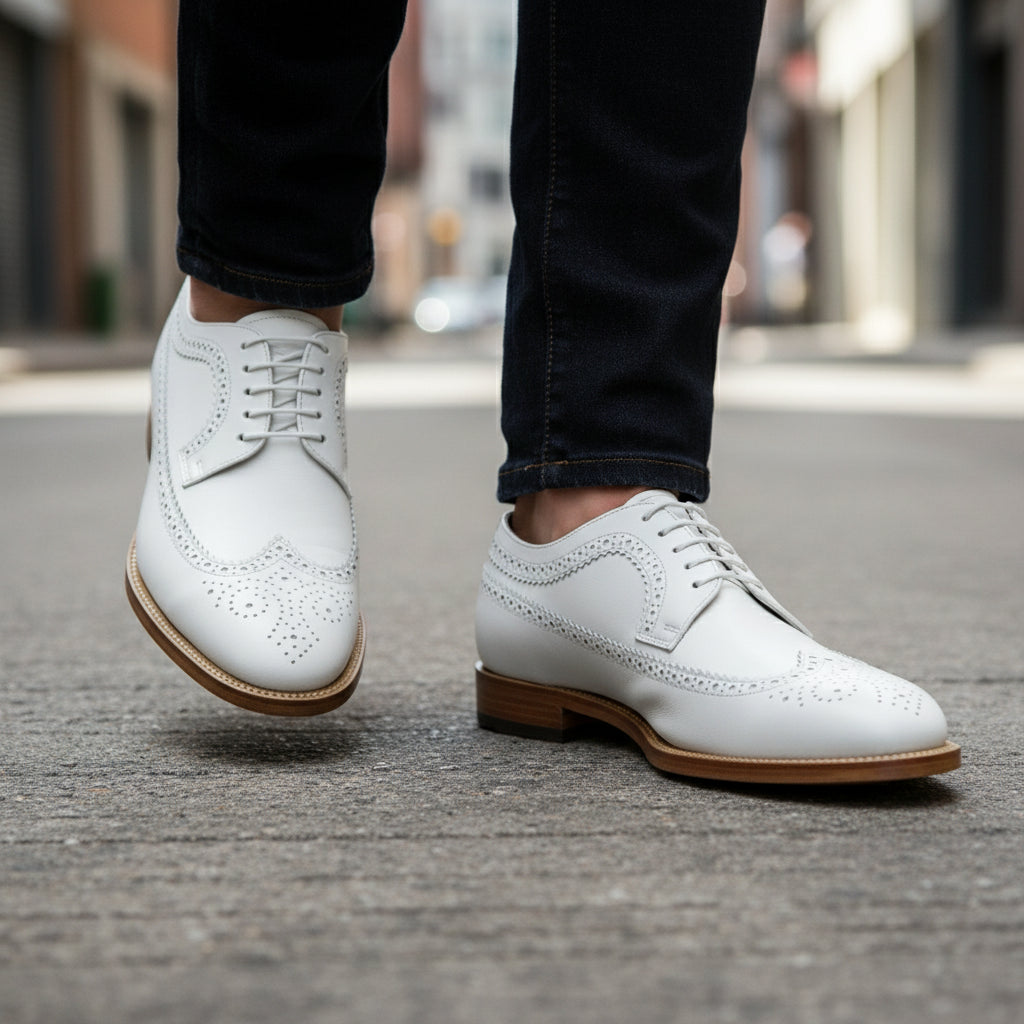 Men's White Leather Wingtip Brogue Dress Shoes - model-walking-street