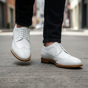 Men's White Leather Wingtip Brogue Dress Shoes - model-walking-street