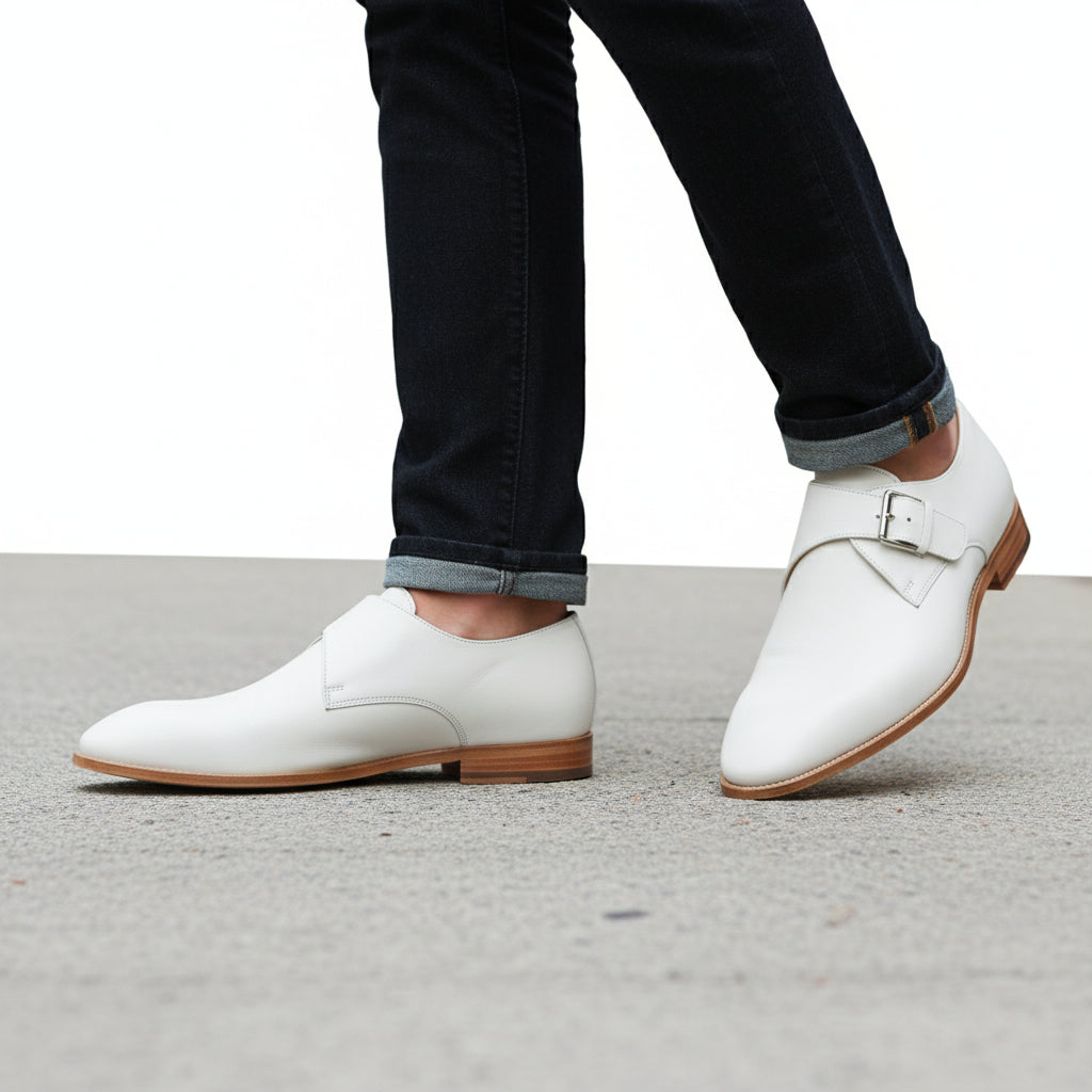 model-walking-street - Men's White Monk Strap Leather Dress Shoes