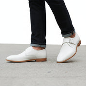 model-walking-street - Men's White Monk Strap Leather Dress Shoes