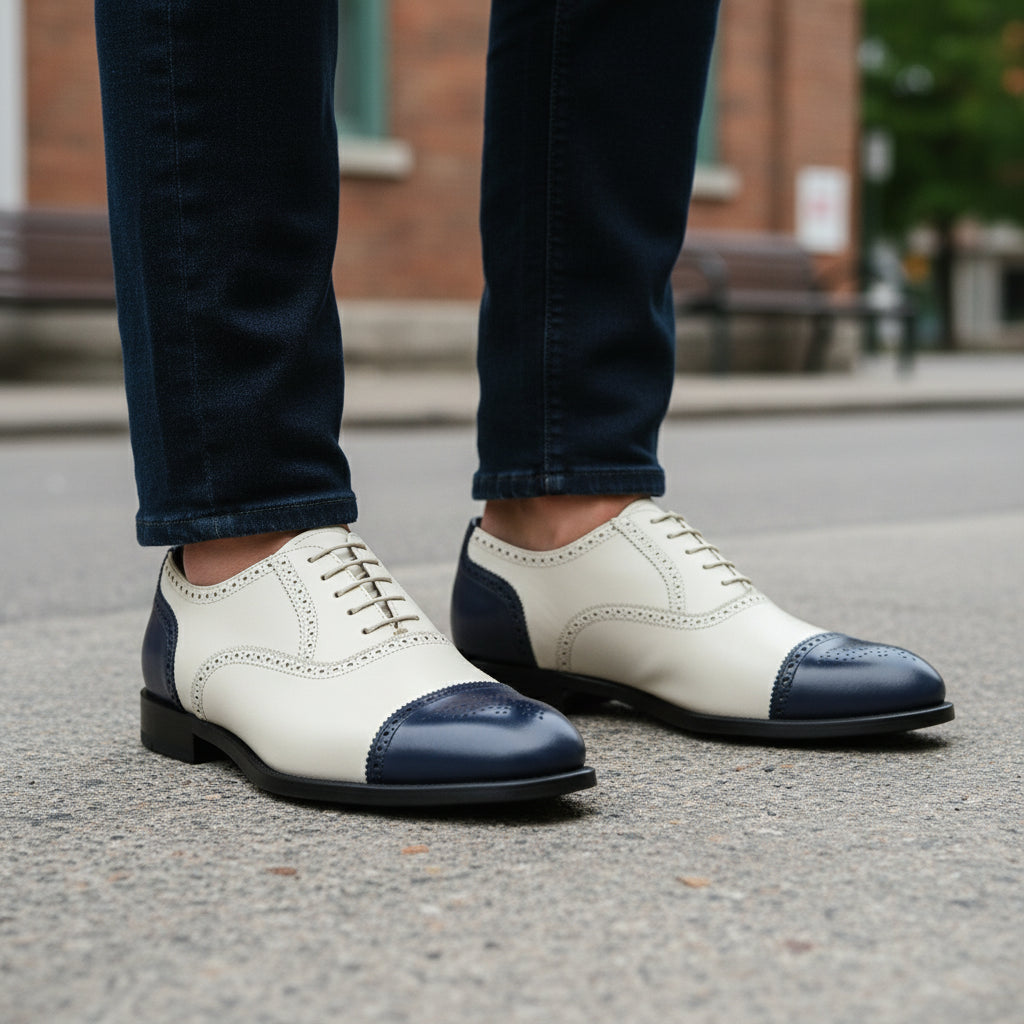 model-walking-street - Men's White & Navy Blue Leather Oxford Brogue Shoes