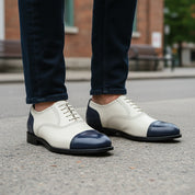 model-walking-street - Men's White & Navy Blue Leather Oxford Brogue Shoes