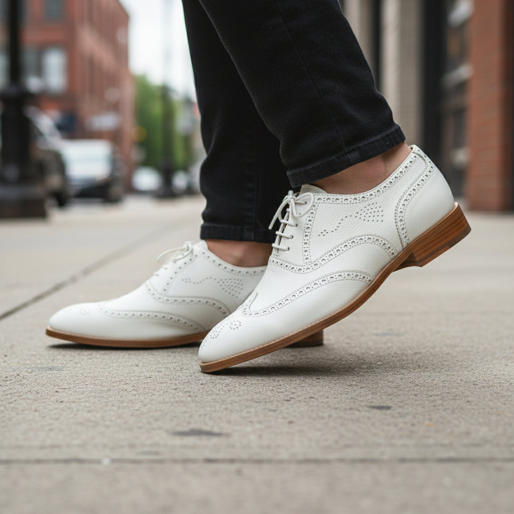 Men's White Wingtip Brogue Leather Dress Shoes - model-walking-street