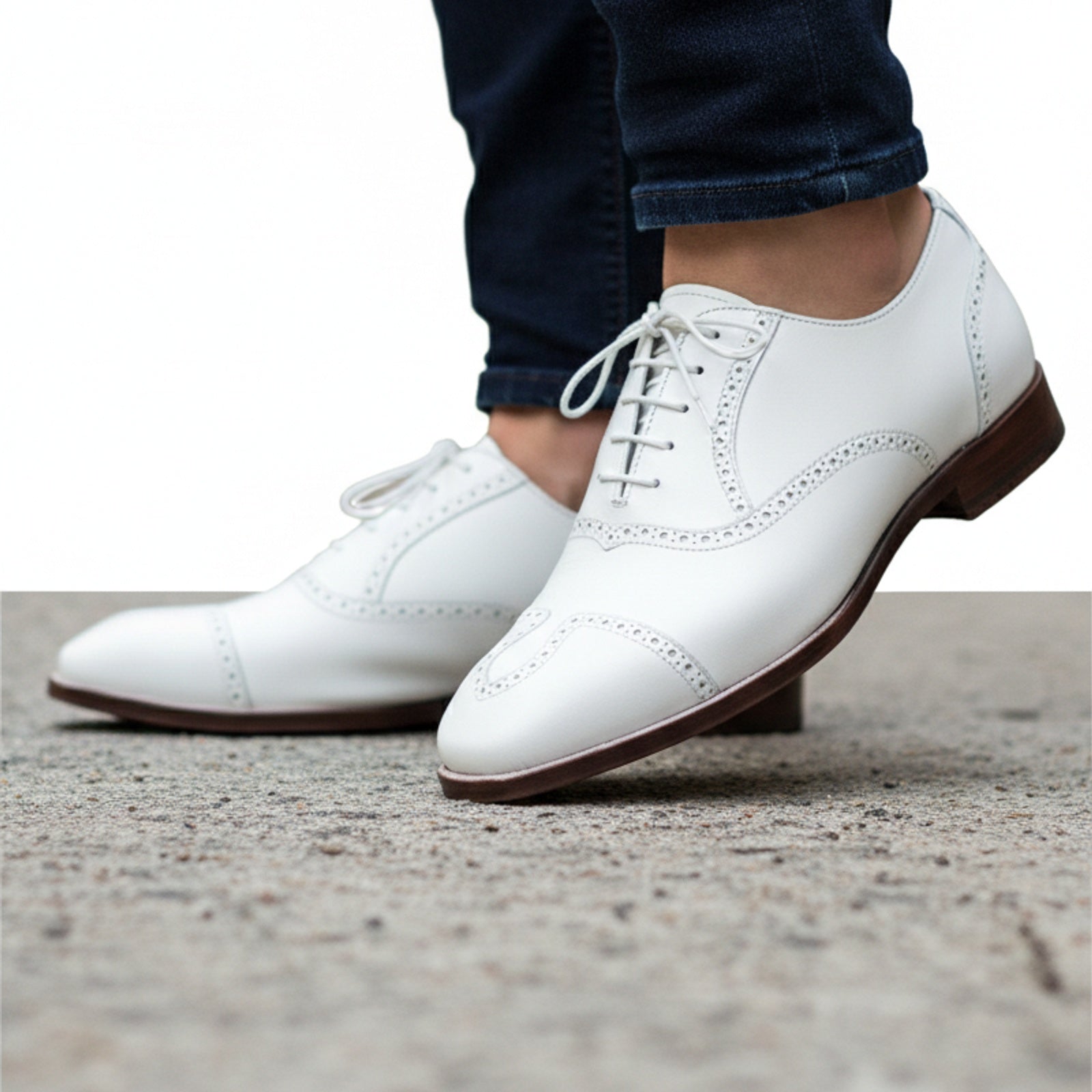 Men's White Wingtip Leather Party Shoes - model-walking-street
