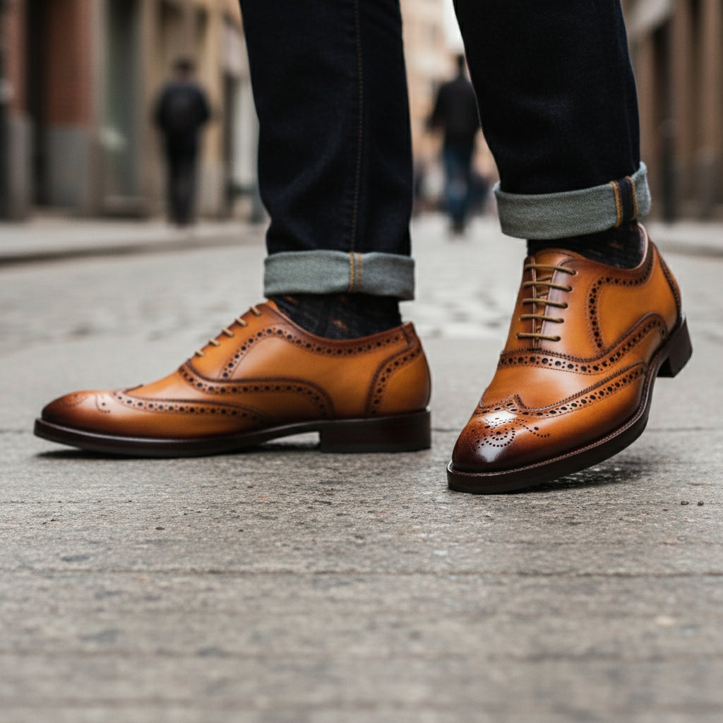 Men's Tan Leather Wingtip Oxford Dress Shoes - model-walking-street