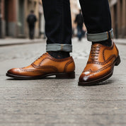 Men's Tan Leather Wingtip Oxford Dress Shoes - model-walking-street