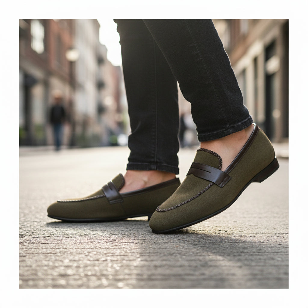 Men's Brown Suede Moccasin Loafers - model-walking-street