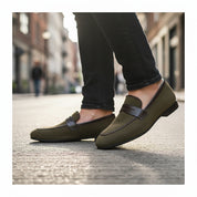 Men's Brown Suede Moccasin Loafers - model-walking-street