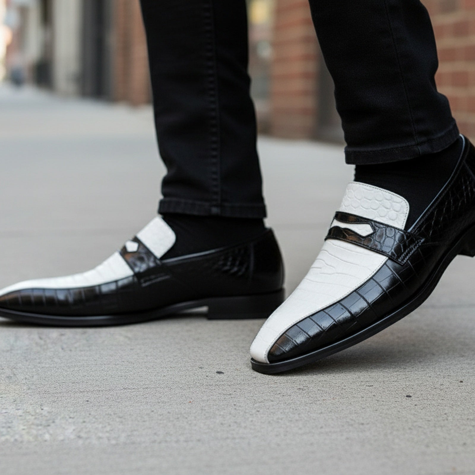 Spectator Shoes with Crocodile Skin Texture, Two Tone Design - model-walking-street