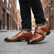 Tan Brown Monk Strap Leather Shoes with Buckle Closure - model-walking-street