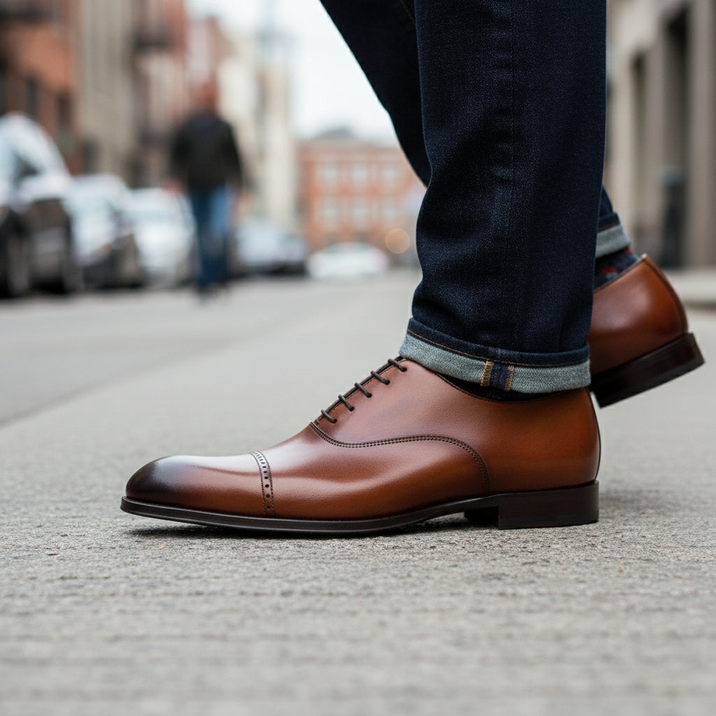Tan Brown Oxford Dress Shoes for Men - model-walking-street