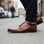 Tan Brown Oxford Dress Shoes for Men - model-walking-street