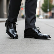 Men's Black Crocodile Leather Oxford Shoes - model-walking-street