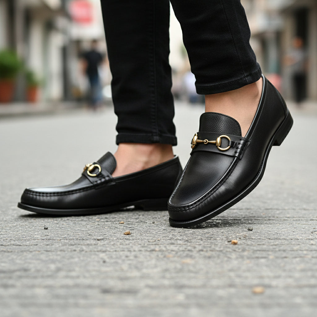 Men's Black Leather Buckle Loafer Shoes - model-walking-street
