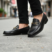 Men's Black Leather Buckle Loafer Shoes - model-walking-street
