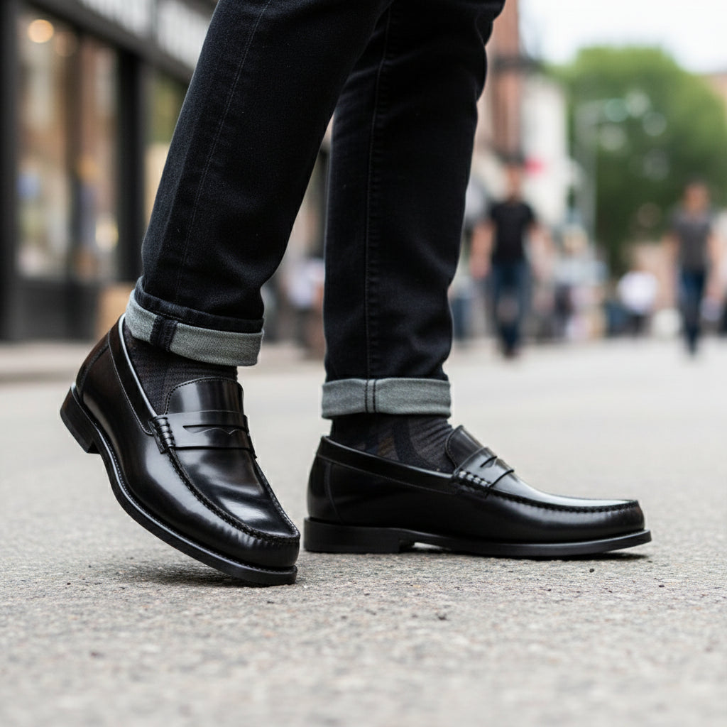 Men's Black Leather Penny Loafers - model-walking-street
