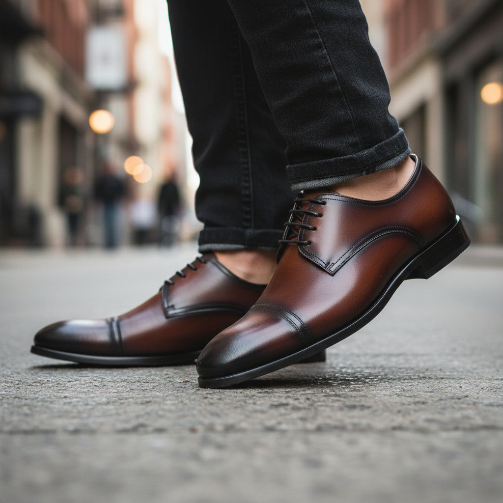 Men's Brown Leather Oxford Dress Shoes - model-walking-street