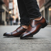 Men's Brown Leather Oxford Dress Shoes - model-walking-street
