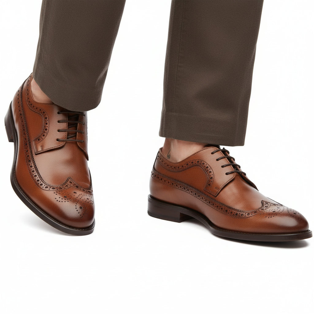 Men's Brown Leather Wingtip Brogue Shoes - model-walking-street