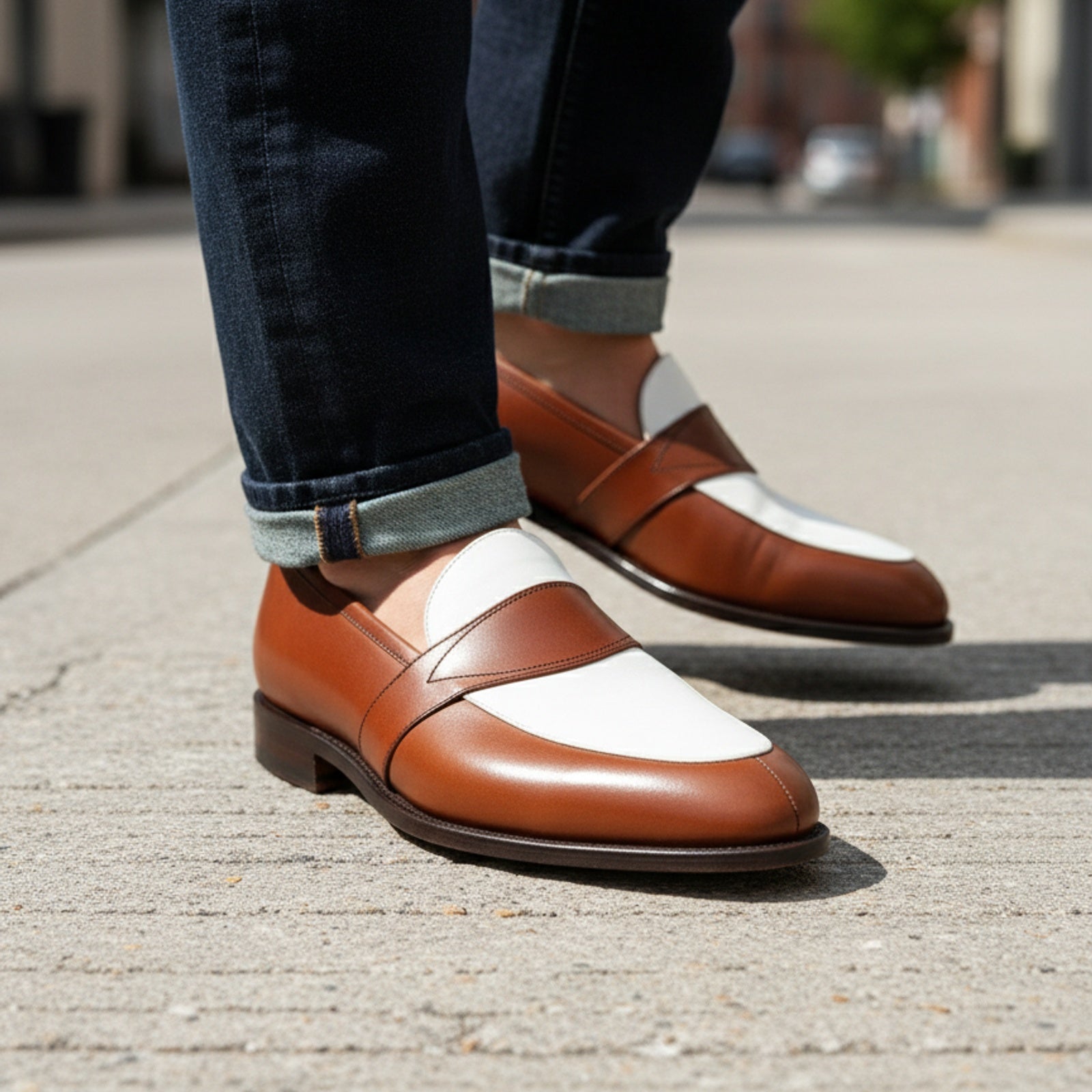 Two-Tone Leather Loafer Moccasins in Brown and White - model-walking-street