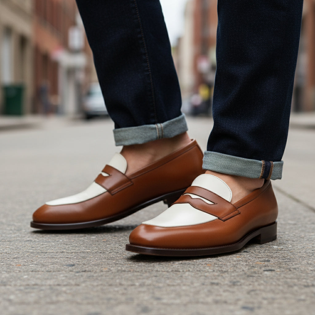 Two Tone Spectator Shoes Brown and White Leather Dress Oxford Shoes - model-walking-street