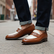 Two Tone Spectator Shoes Brown and White Leather Dress Oxford Shoes - model-walking-street