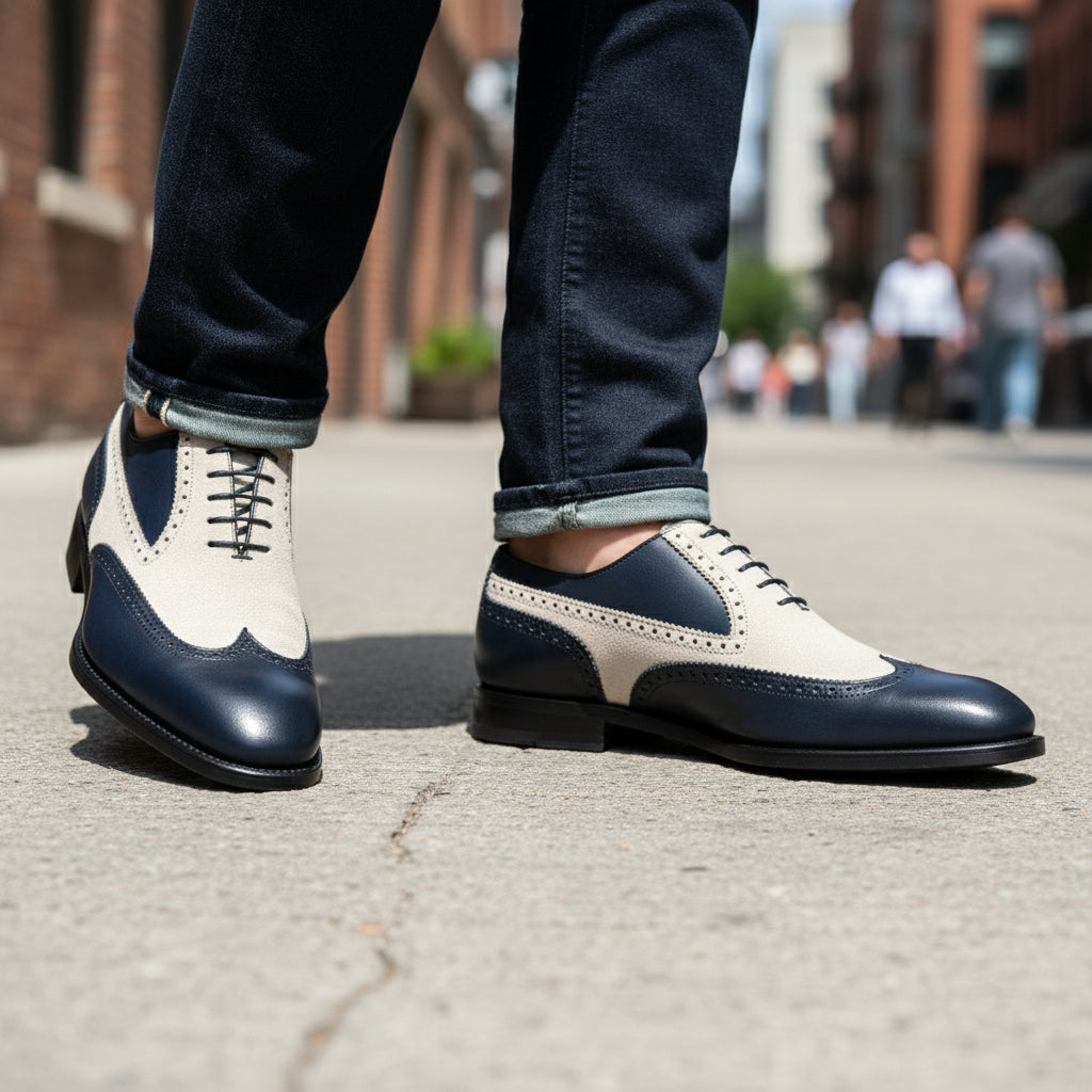 Two-Tone Wingtip Leather Dress Shoes - model-walking-street
