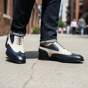 Two-Tone Wingtip Leather Dress Shoes - model-walking-street