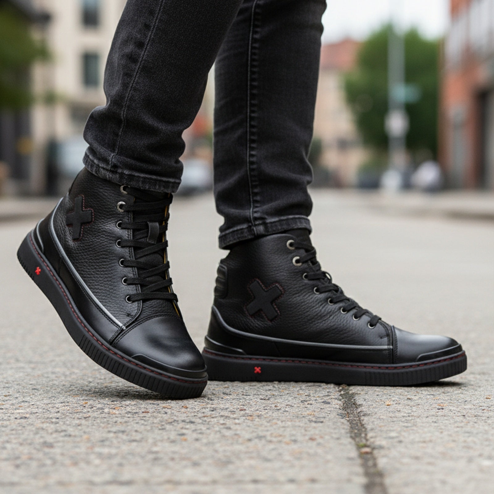 model-walking-street - Unisex Black Leather Biker Sneakers