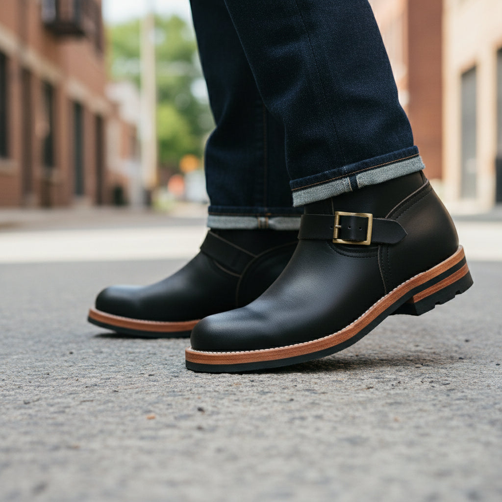 Western Cowboy Boots with Vintage Buckle and Square Heel - model-walking-street