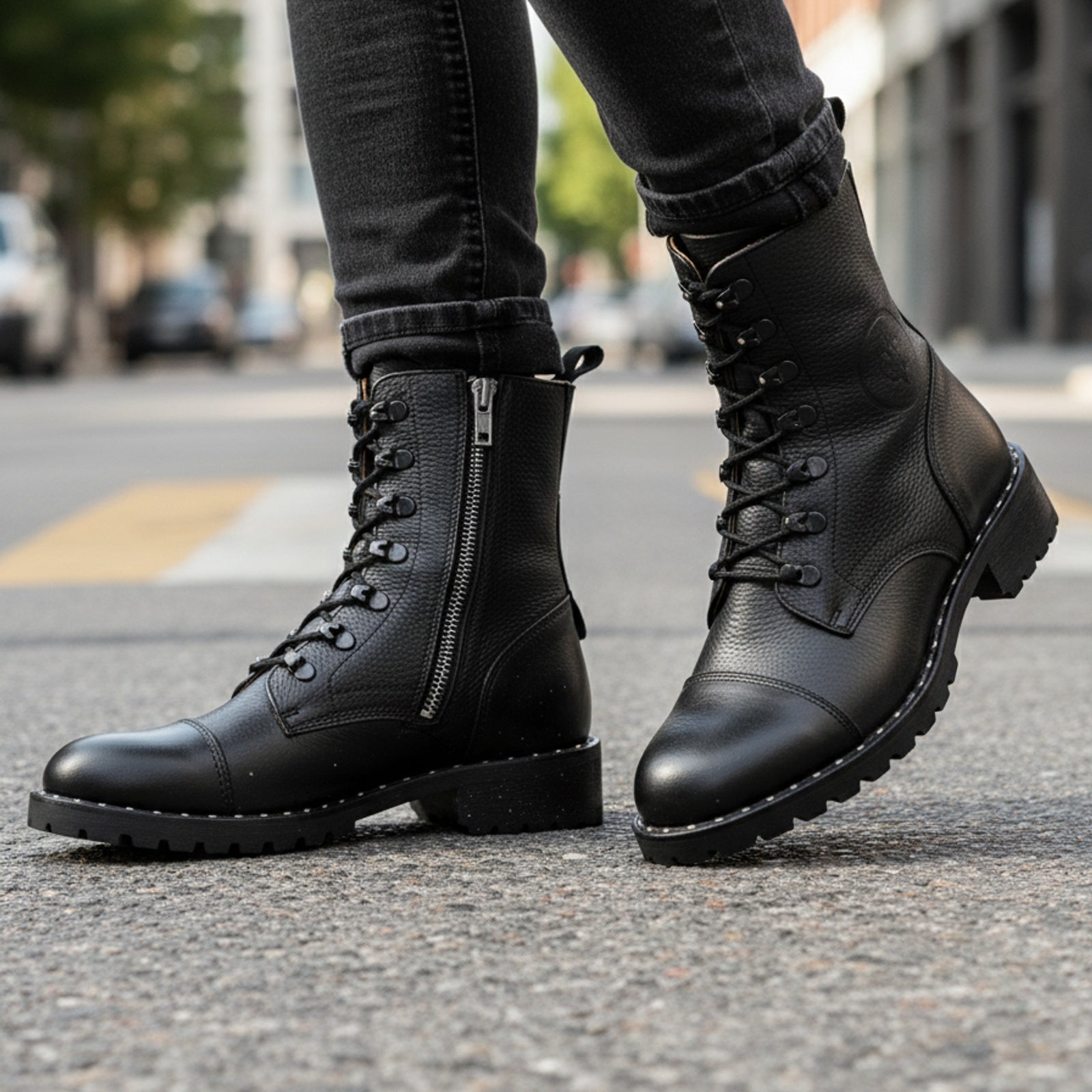 model-walking-street - Women's Handmade High Ankle Genuine Leather Biker Boots
