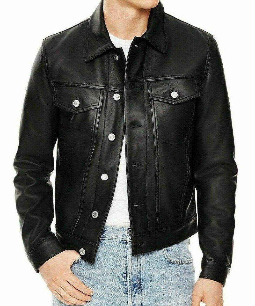 Black Leather Biker Jacket with Button Closure