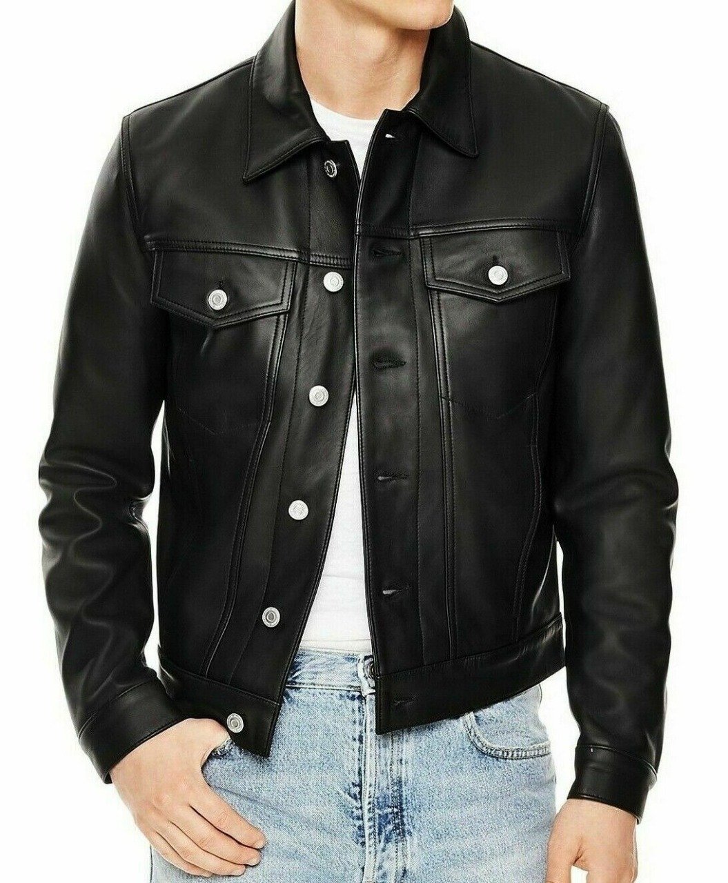 Black Leather Biker Jacket with Button Closure