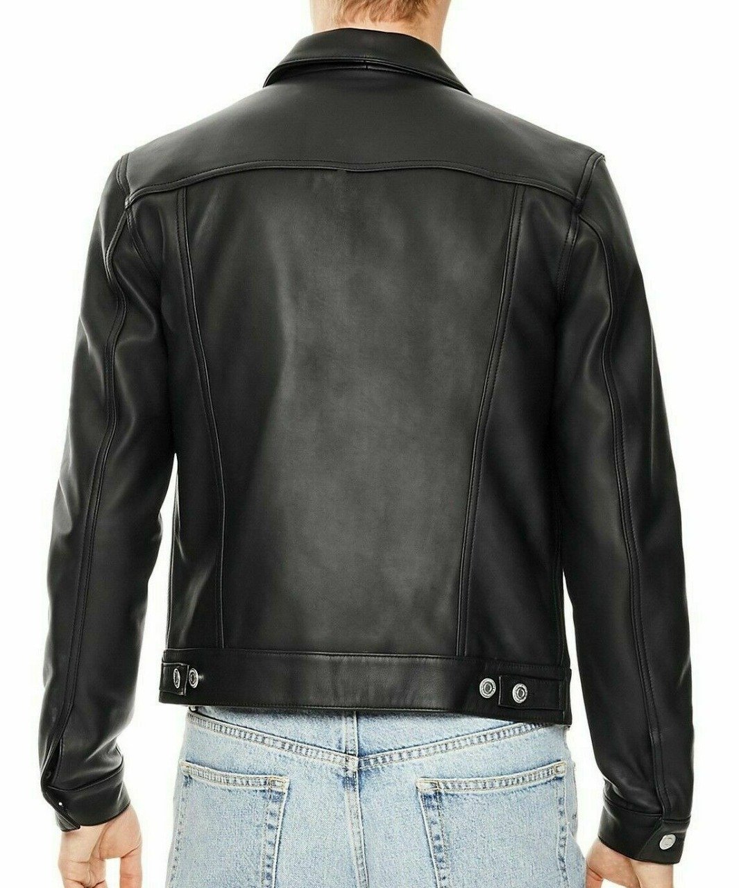 Black Leather Biker Jacket with Button Closure - Image 2