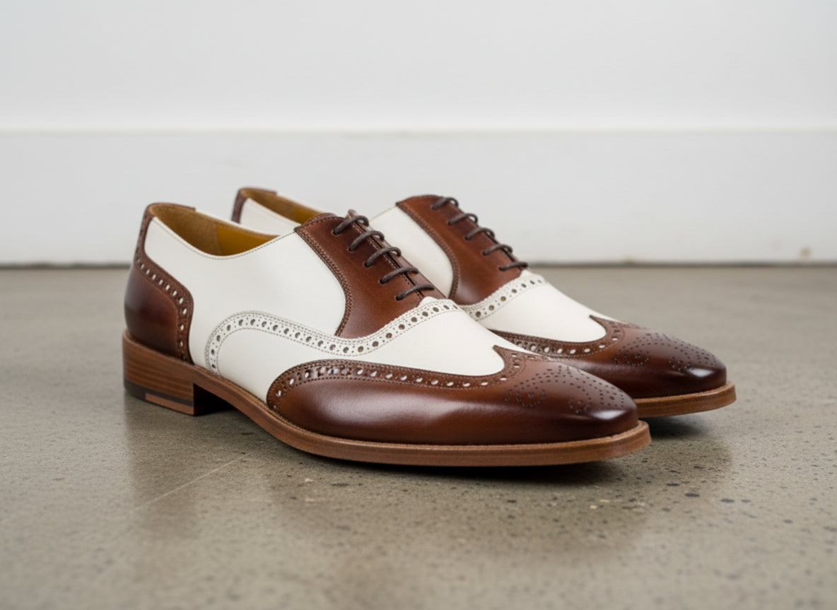 New Men Spectator Shoes, Brogue Wingtip Brown And White Formal Shoes
