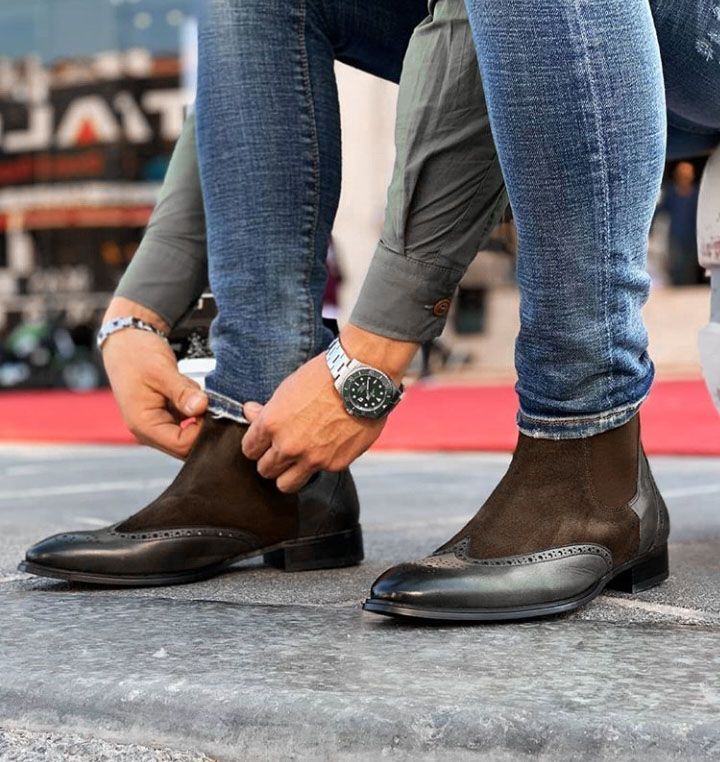 New Mens Dark brown Leather Chelsea boots, Men Casual Wing tip leather boot