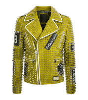 Punk Green Studded Spikes Biker Leather Jacket