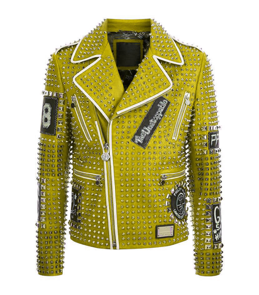 Punk Green Studded Spikes Biker Leather Jacket