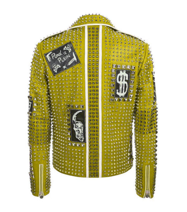 Punk Green Studded Spikes Biker Leather Jacket - Image 2