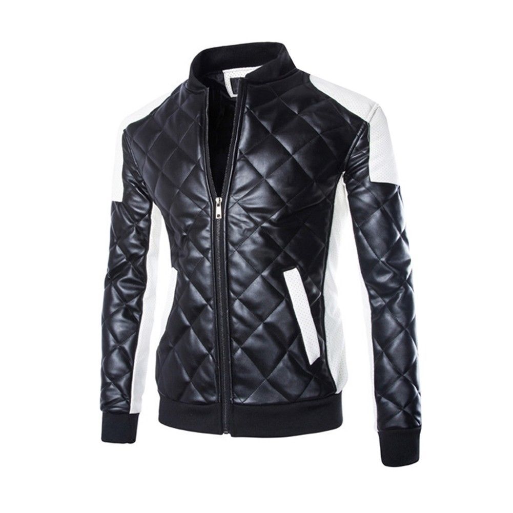 New Two Tone Quilted Leather Jacket Mens Fashion Stand Collar Rider Jacket