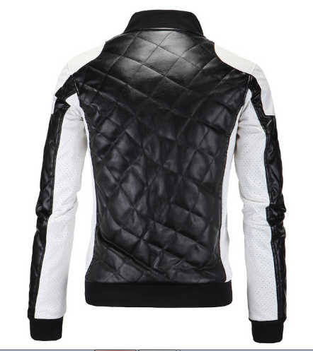 New Two Tone Quilted Leather Jacket Mens Fashion Stand Collar Rider Jacket