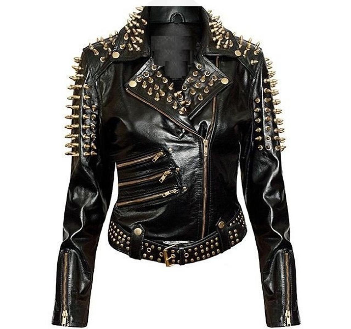 Women's Black Leather Jacket with Golden Spikes - Image 2