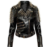Women's Black Leather Jacket with Golden Spikes - Image 2
