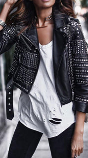 Women's Handmade Stylish Black Leather Jacket with Silver Studs