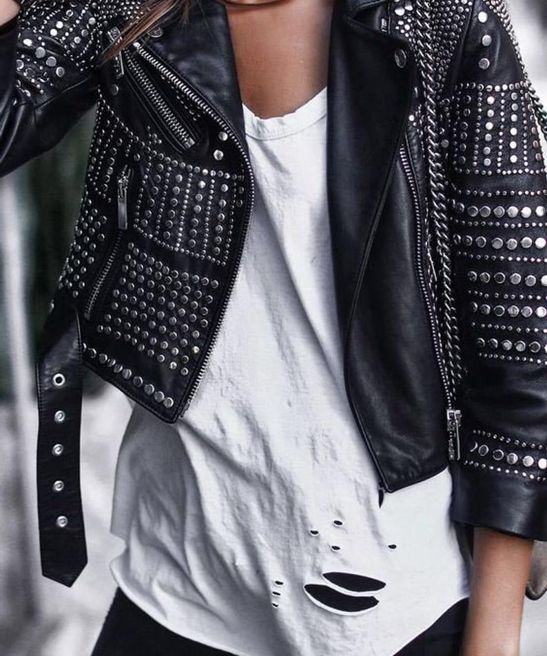Women's Handmade Stylish Black Leather Jacket with Silver Studs