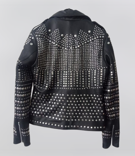Women's Handmade Stylish Black Leather Jacket with Silver Studs - Image 3