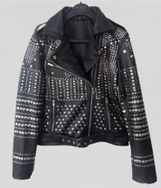 Women's Handmade Stylish Black Leather Jacket with Silver Studs - Image 4